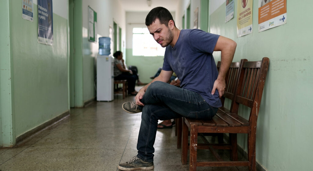 Jovem sentado em um banco de madeira em um corredor de clínica médica, pressionando a região lombar com a mão direita e exibindo uma expressão de dor intensa. Ao fundo, vê-se um bebedouro e cartazes na parede (com o logo do SUS visível), sugerindo um posto de saúde.