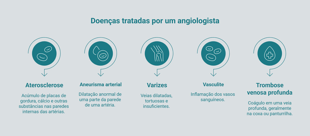 Infográfico sobre doenças vasculares tratadas por especialista, incluindo aterosclerose, aneurisma arterial, varizes, vasculite e trombose venosa profunda.