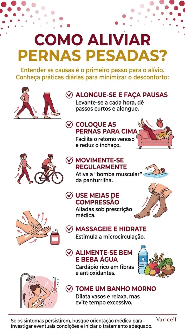 Infográfico ilustrado com o título "Como aliviar pernas pesadas?". Apresenta sete dicas com ícones.