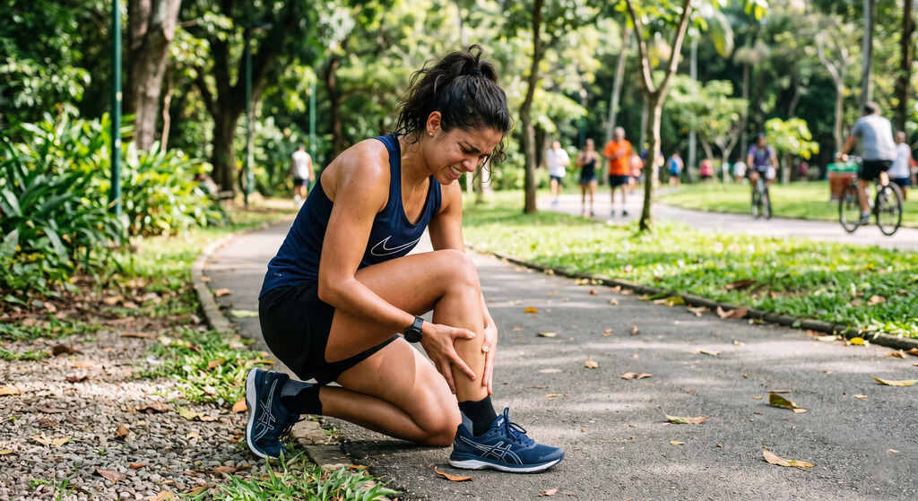 Atleta sentado no chão de uma pista de corrida segurando a panturrilha com expressão de dor intensa devido a uma cãibra muscular por excesso de exercício.