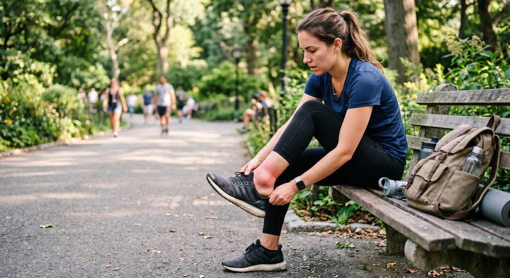 Mulher sentada em um banco de parque ajustando o tênis e observando o tornozelo inchado após uma caminhada ou corrida ao ar livre.