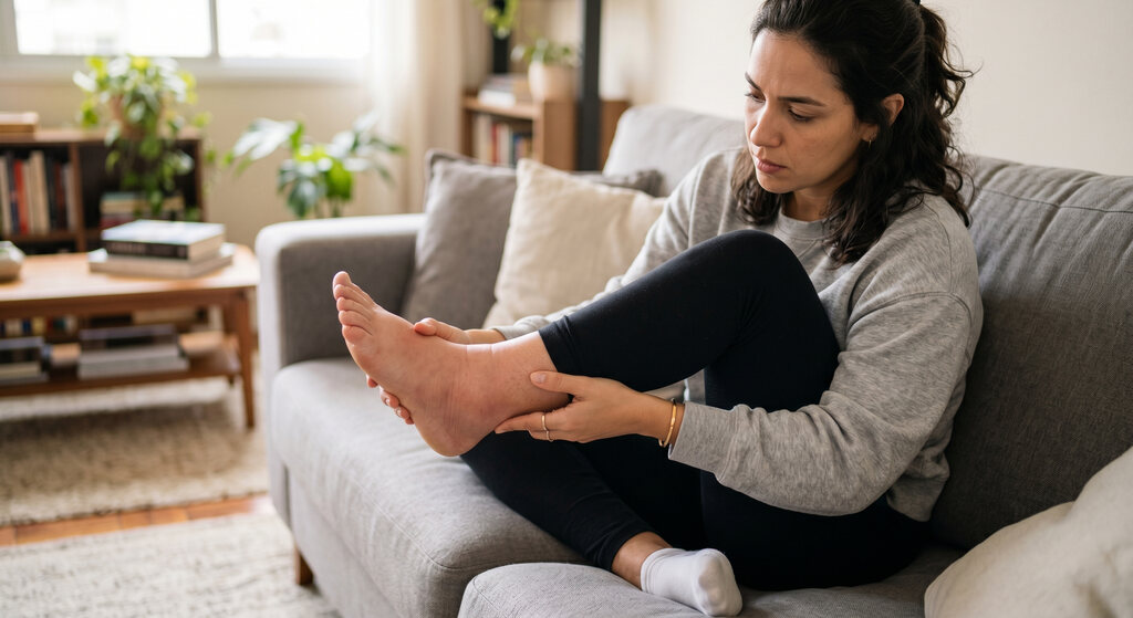 Mulher sentada massageando o pé inchado após tirar um sapato de salto alto preto, indicando desconforto e má circulação.