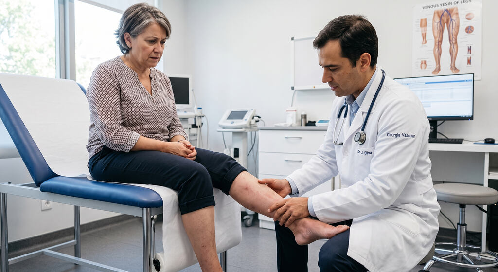 Médico cirurgião vascular examinando a perna de uma paciente no consultório, ilustrando o momento de procurar um médico para queimação nas pernas.
