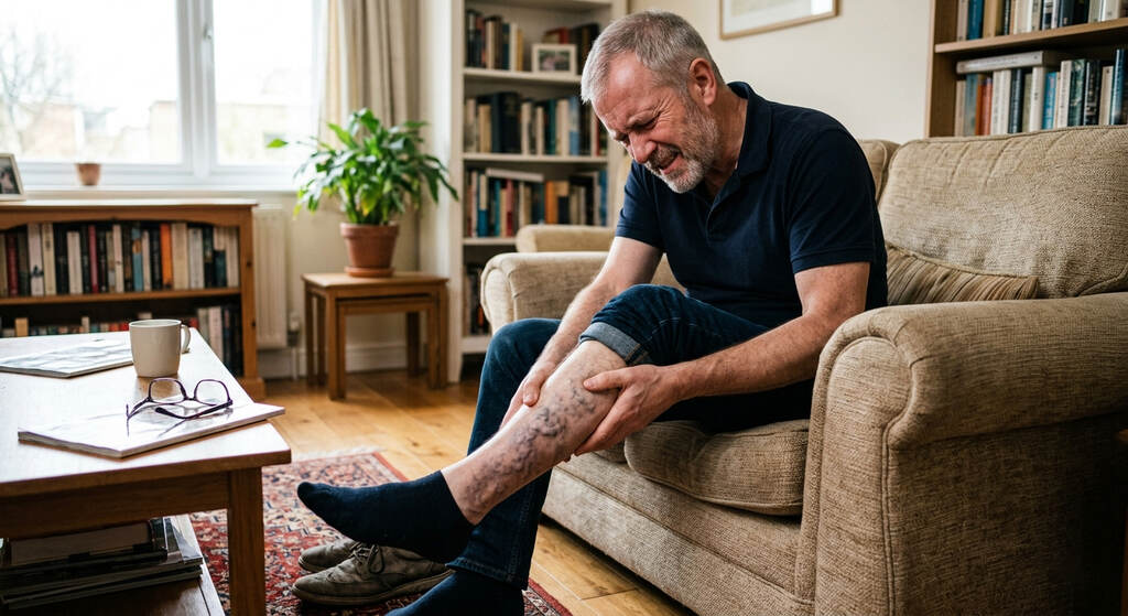 Um homem idoso sentado em uma poltrona de tecido bege expressa uma fisionomia de dor intensa e desconforto. Ele está com a calça jeans dobrada até o joelho e segura a panturrilha esquerda, que apresenta diversas veias varicosas aparentes. O ambiente é uma sala de estar aconchegante com estantes de livros ao fundo.