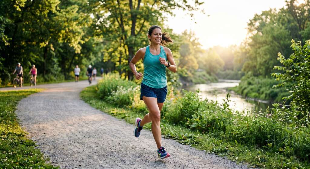 Mulher corre ao ar livre em parque, destacando a importância da atividade física para a saúde vascular.