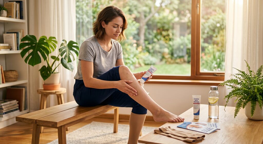 Mulher aplica creme nas pernas em casa, representando cuidados com as pernas e prevenção de desconfortos circulatórios.