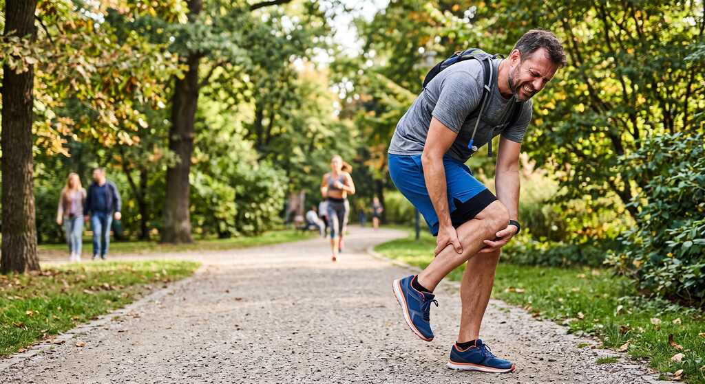 Homem com expressão de dor na panturrilha direita interrompe sua corrida em um parque.