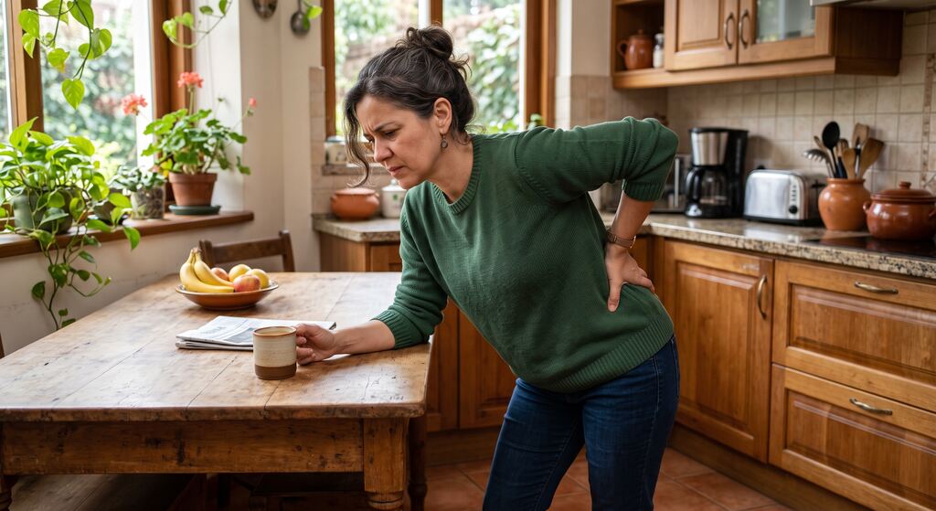 Mulher com expressão de desconforto em pé na cozinha, apoiada em uma mesa de madeira e segurando a região lombar.