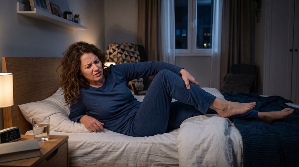 Mulher de pijama, com expressão de dor, deitada na cama à noite, segurando a própria panturrilha devido ao desconforto nas pernas.
