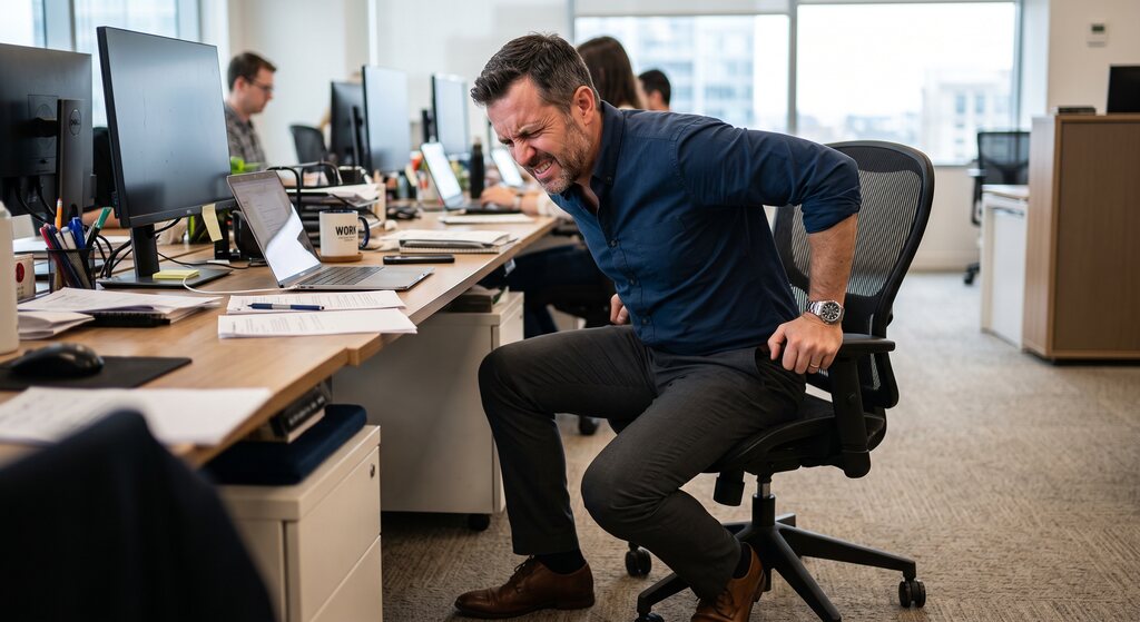 Homem no escritório com expressão de dor sentindo desconforto ao tentar trabalhar sentado, ilustrando os incômodos de uma hemorroida inflamada.