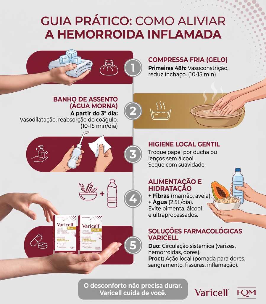 Infográfico com 5 passos práticos de como aliviar a hemorroida inflamada: uso de compressa fria, banho de assento morno, higiene local gentil, alimentação rica em fibras e opções de tratamentos farmacológicos da Varicell.