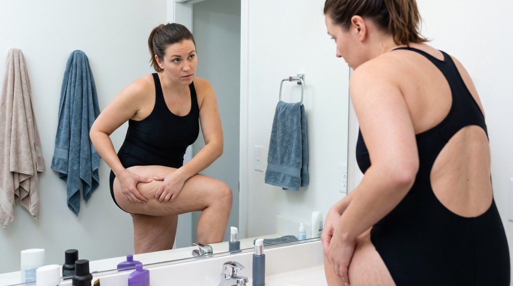 Mulher de maiô preto no banheiro apertando a pele da coxa em frente ao espelho para analisar a textura de celulite ou lipedema.