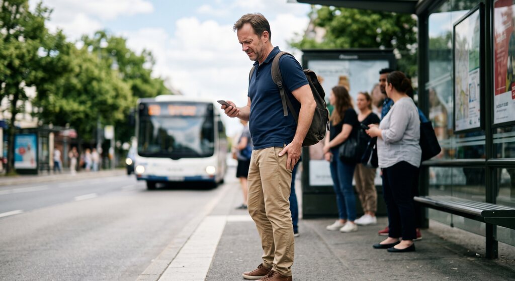 Homem em pé no ponto de ônibus com feição de incômodo, demonstrando como os sintomas de hemorroida inflamada afetam a mobilidade na rotina diária.